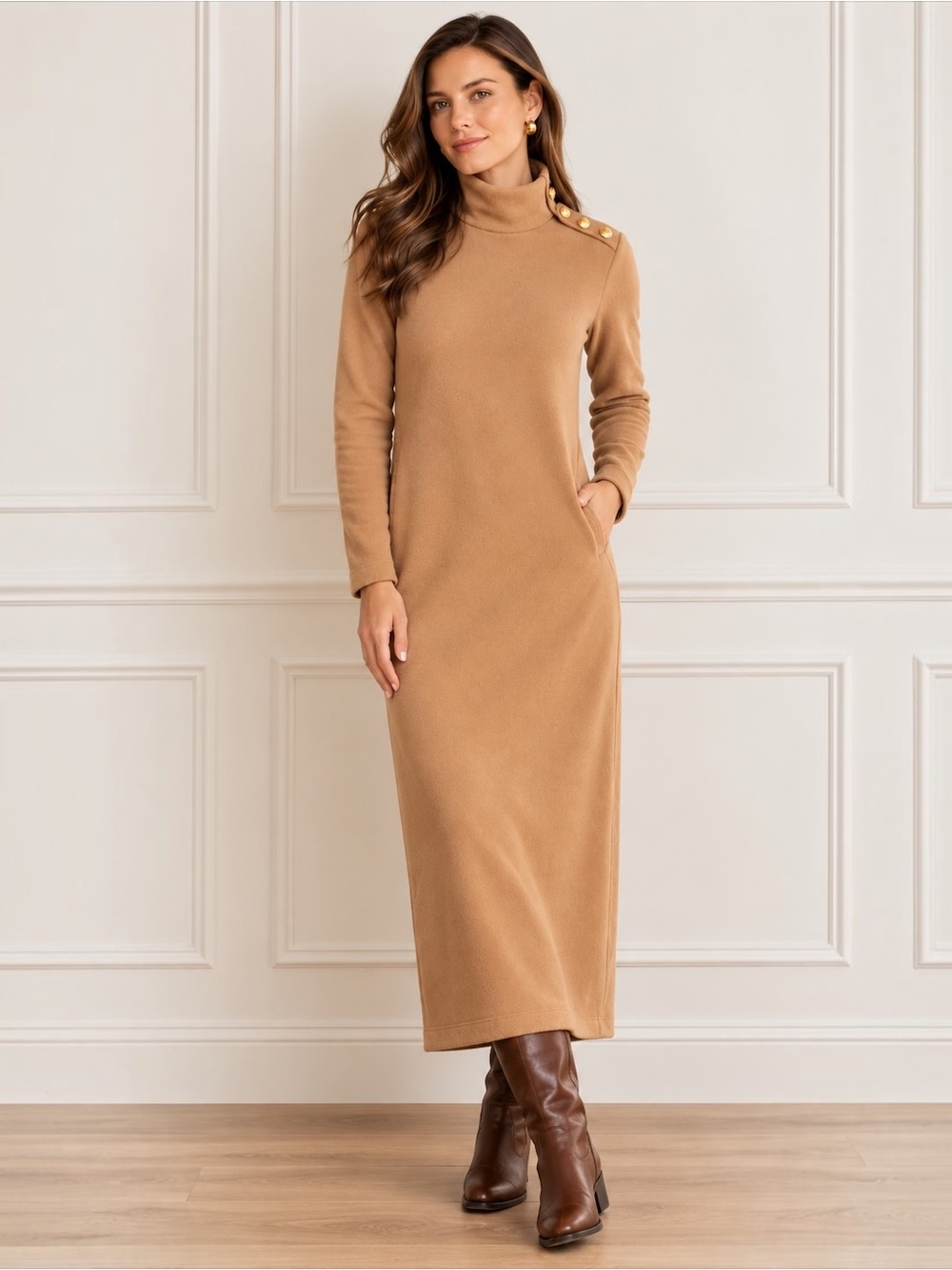 Dudley Stephens Meadows Vello Fleece Maxi Dress Camel Button Neck XS